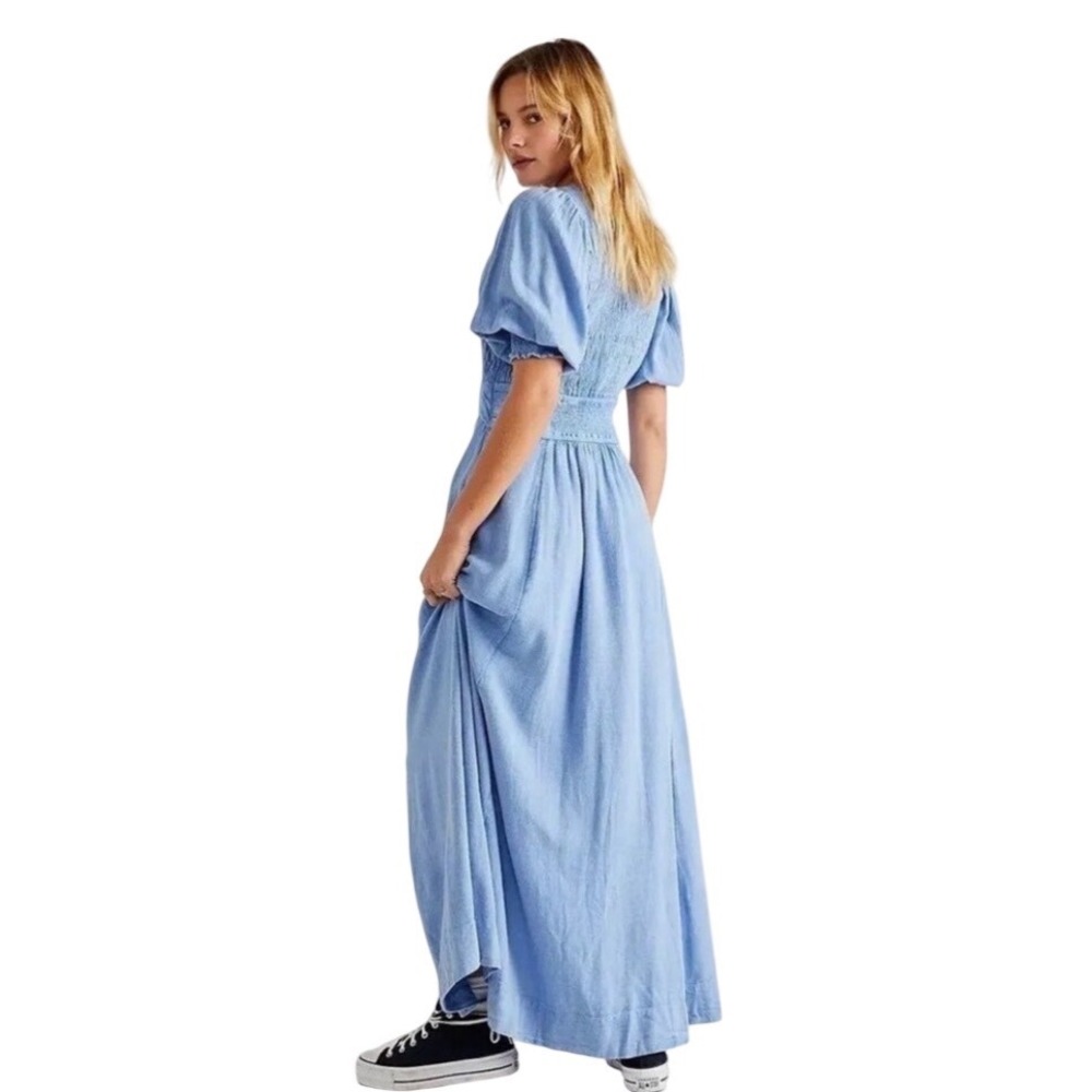 Free People String Of‎ Hearts Boho Blue Maxi Dress Blue Cutout Smocked Large - Picture 2 of 11
